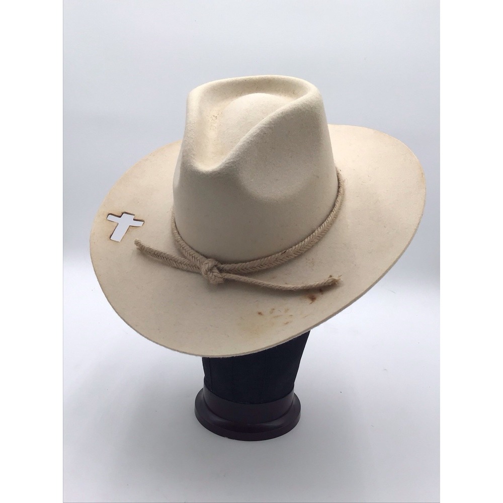 ASN Beige/Cream Felt Western Cowboy Hat w/ Rope Band & Cross Cutout Detail